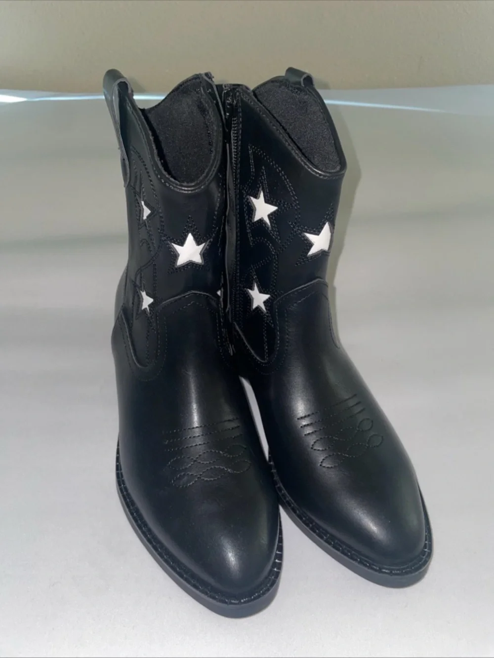 Girls‎ Western Boots Size 4 Black White Star Faux Leather Cowboy